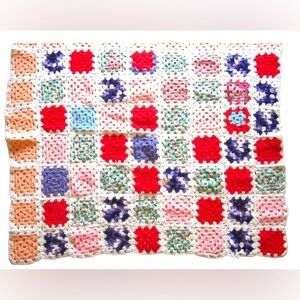 Vintage Granny Square Rainbow Pink Afghan Throw Baby Blanket 38" x 43"